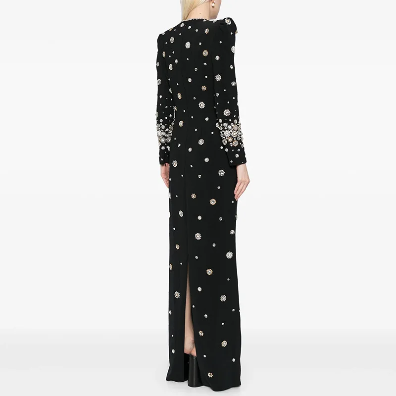 Fashion European Style Fine Workmanship Rhinestone Beading Long Sleeve O-neck Women Formal Wear Lady Maxi Solid Dress