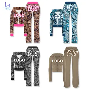 Huili Oem 100% Cotton Leopard Print Two Piece Sweatsuit Zip up Fringed Cropped Hoodie & Sweatpants Custom logo Women Hoodie Set