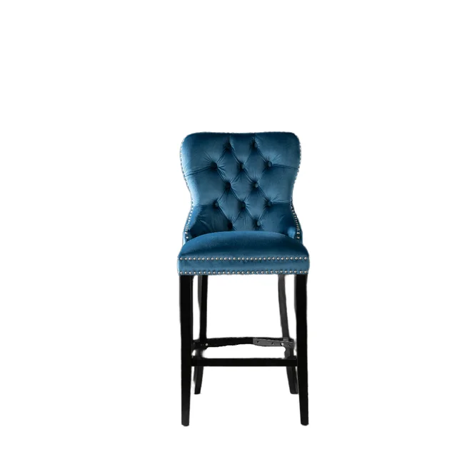 Velvet Counter Height Bar Stools Set of 2 Upholstered Tufted Bar Stools with Back 27" High Back Bar Chair - Blue