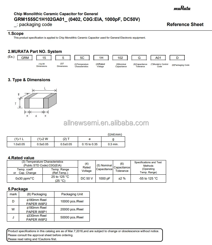 Hot sale Original GRM1555C1H102GA01D Capacitor CAP CER 1000PF 50V C0G/NP0 0402 Ceramic Capacitor C0G NP0 0402 (1005 Metric)