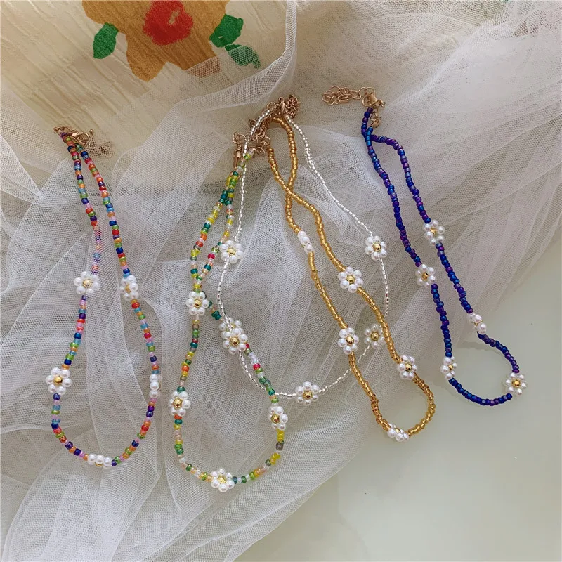 Women Beaded Necklace Daisy Acrylic Flower Boho Clavicle Korean Colorful  Jewelry