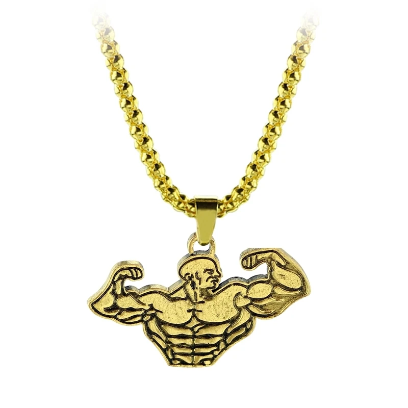 Men Gifts Gym Weightlifting Barbell Dumbbell Boxing Bodybuilding Pendant Muscle Man Fitness Necklace
