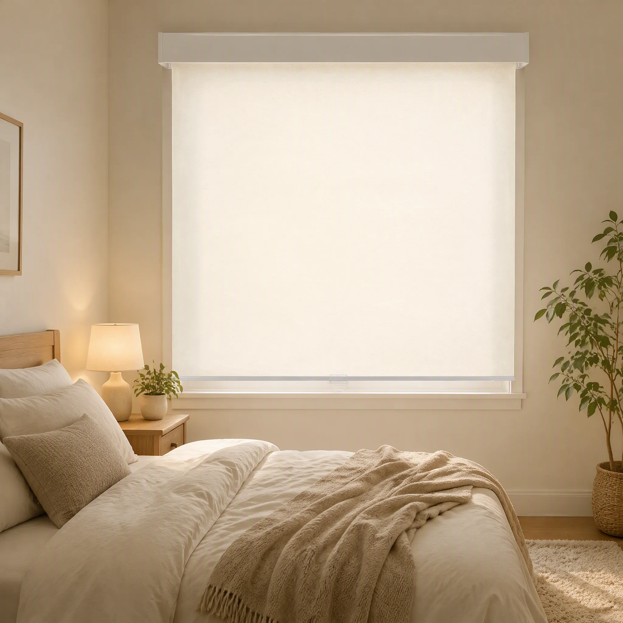 Cordless Built-in Simple Roller Shades Semi-blackout White Fabric Eco-Friendly Window Shades for Bedroom Custom Size Cassette