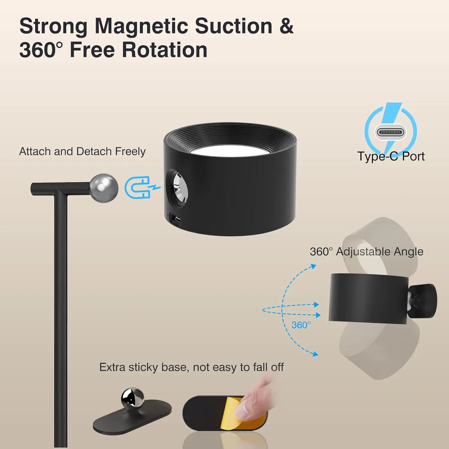 Usb Rechargeable Reading Wall Lights 360 Degree Rotate Magnetic Ball Dim Touch Control Led Cordless Wall Lamp Sconce for Bedroom