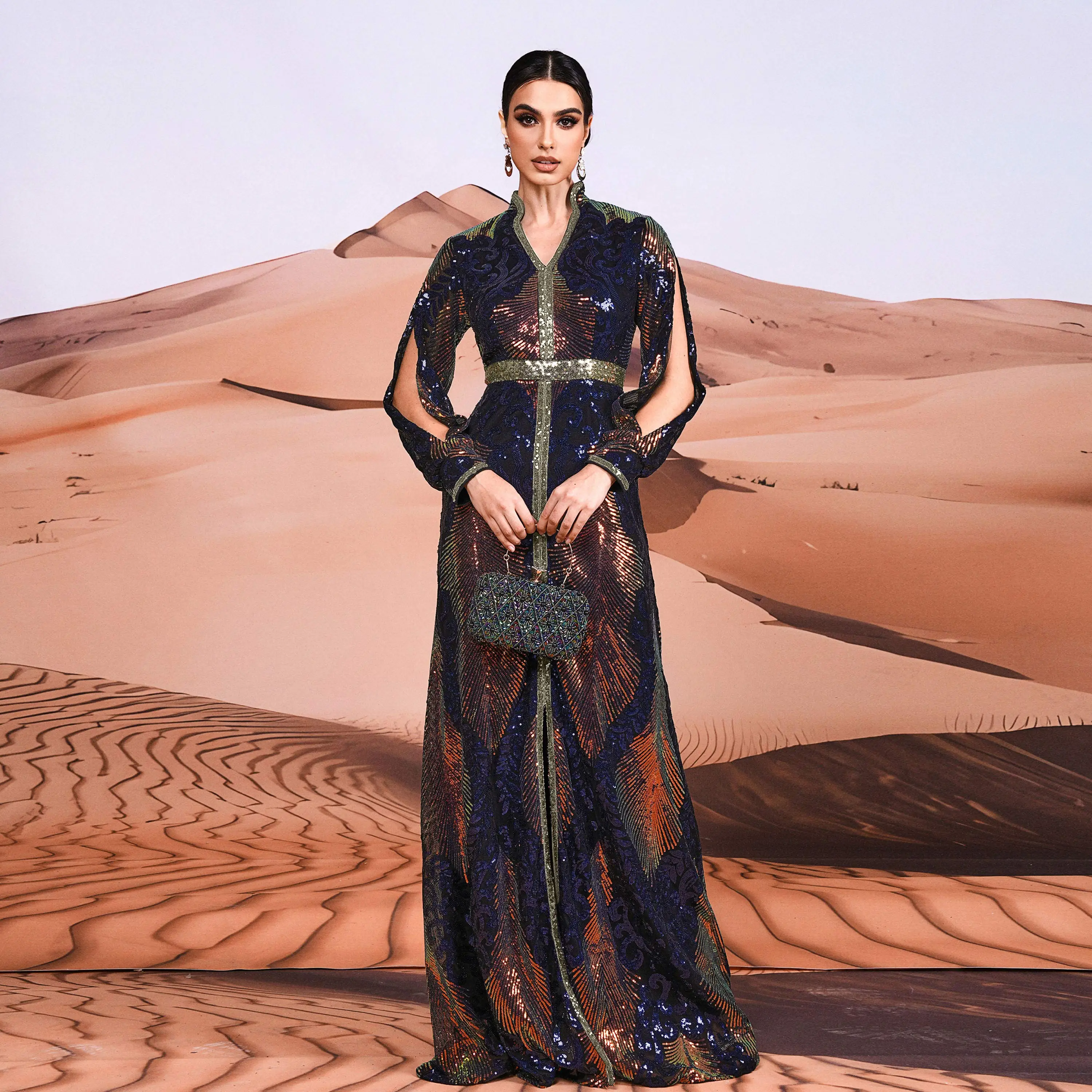 Cut Out Sleeve Sequin Hijab Arabic Istanbul Moroccan Turkish Dubai Muslim  Modest Evening Dresses for Women