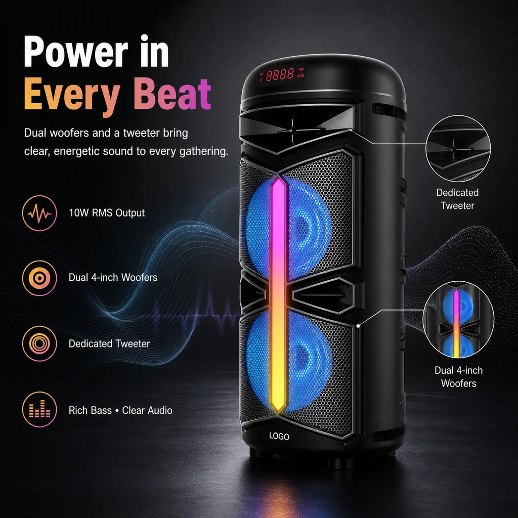 HANSUO HS-TD04B3 Dual 4 Inch Portable Party Speaker with 1800mAh Battery RGB Lights USB FM Recording and Remote Control