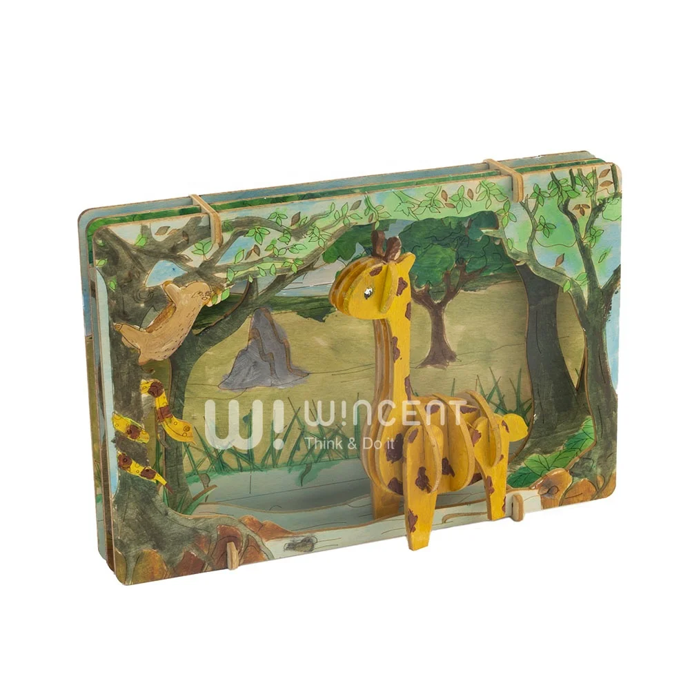 Wincent Original Design Paper Theater Wood Style Animal Mini Puzzle 3D Puzzles Children Wooden 3d Puzzle Gift for Kids