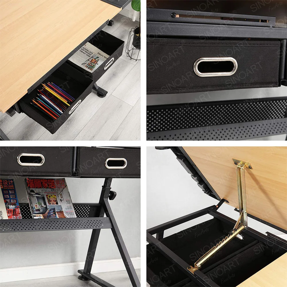 SINOART 2 Drawers Adjustable Tilting Drafting Table Wooden Adjusts Table Desk Architecture Drawing Tables Draw with Stool