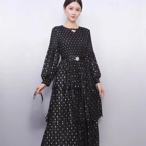 Women's Black Gold Polka Dot Pleated Dress Long Sleeve Tiered Midi Dress for Office
