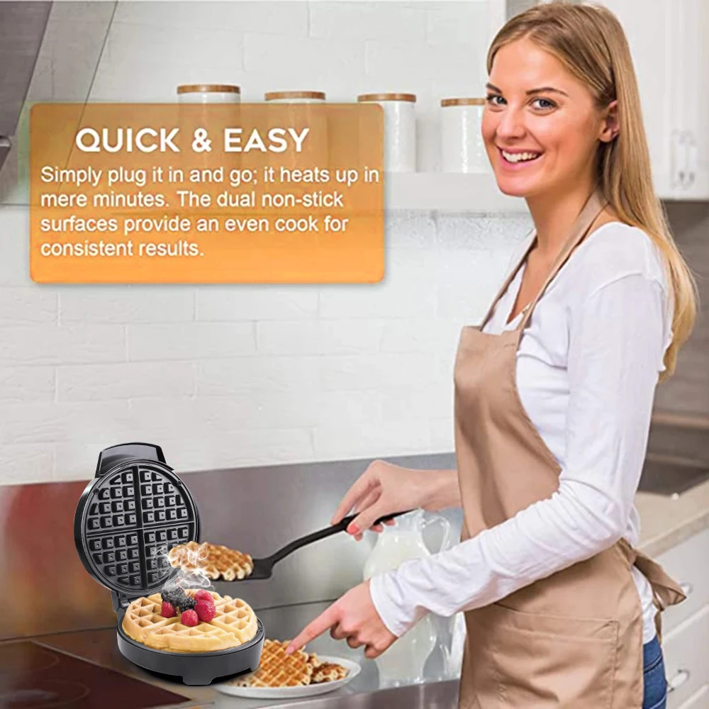 Household Automatic Belgian Round 4 Slices Mini Waffle Maker Compact Individual Waffle Iron