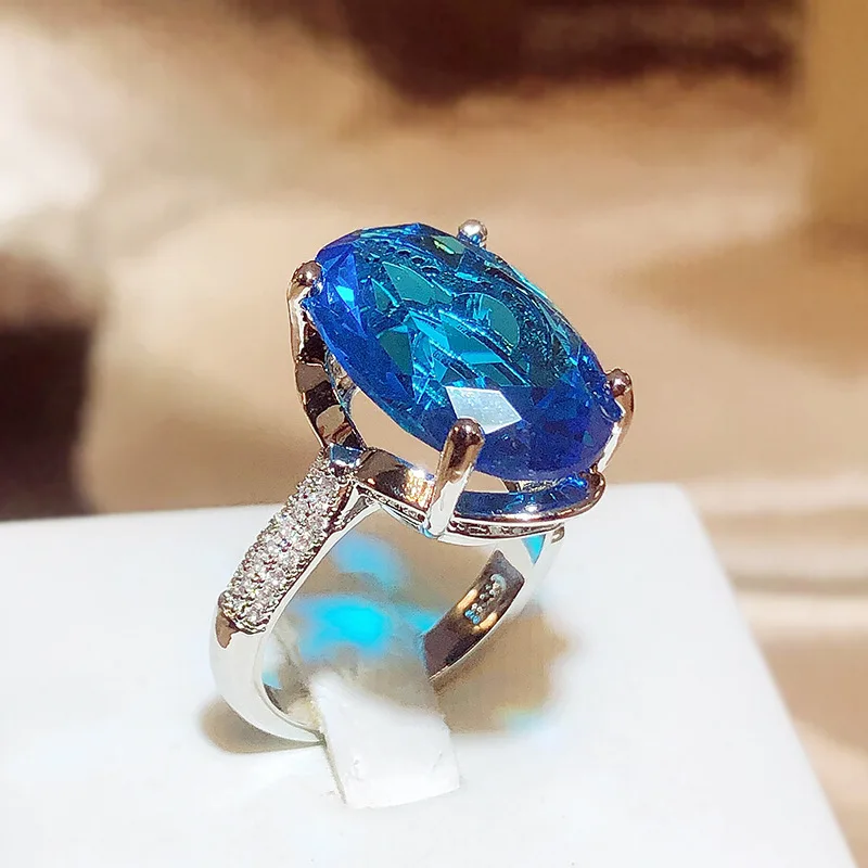Fashion Jewelry KYRA01755 Luxurious Oval Shape Single Blue Zircon Ring  Design for Women
