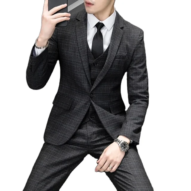 High quality plaid slim fit men's suit business casual wedding groom suit three piece single button suit