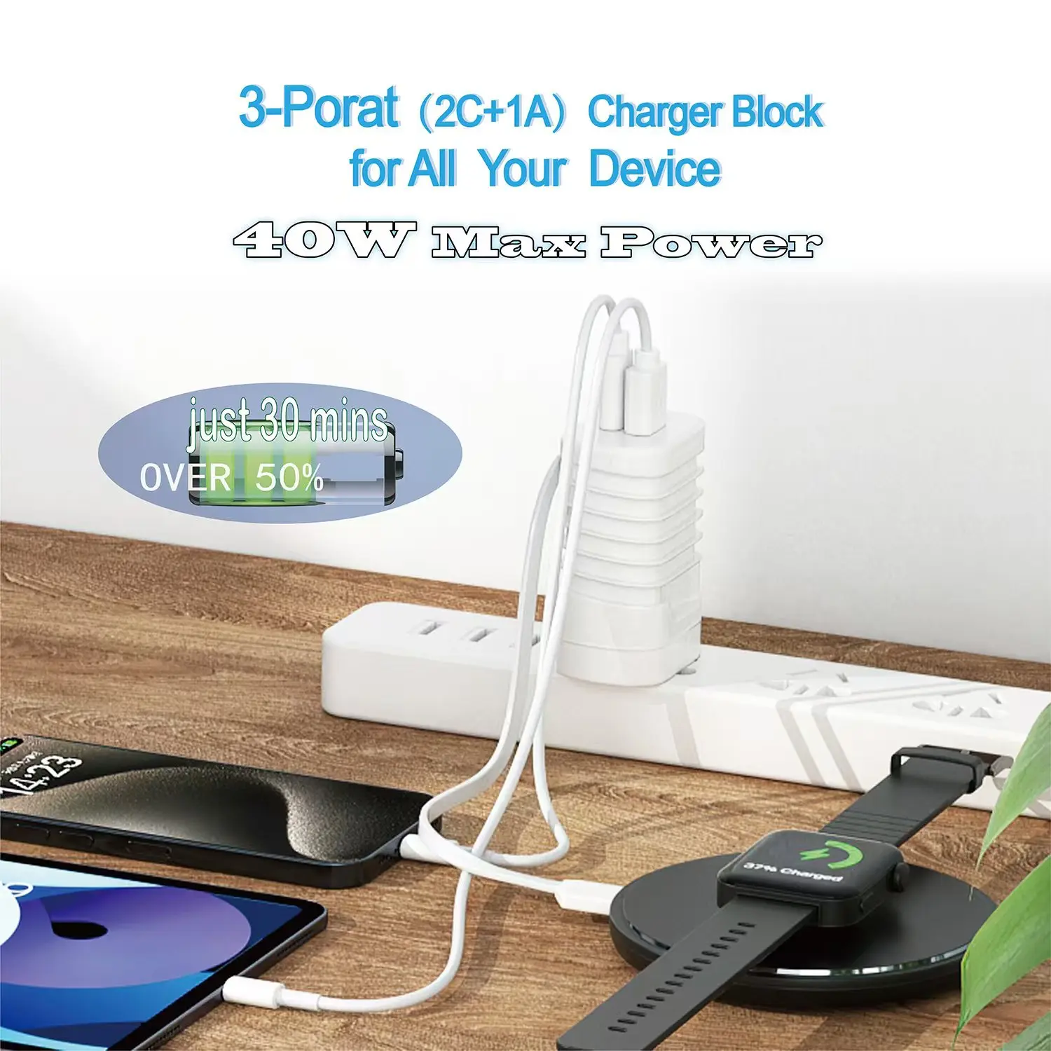 2025 New Products PD40W Wall Charger Built-in USB-A+C Ports and Type-C Cable  Multi-port USB Wall Charger  UUTEK I30