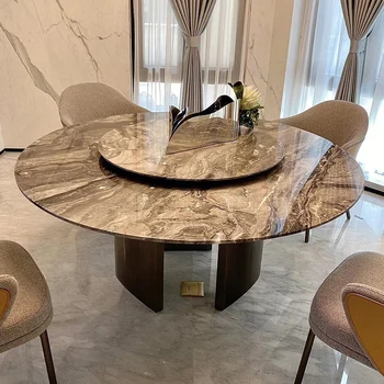luxury living room furniture stainless steel legs sintered stone round rotating dining table