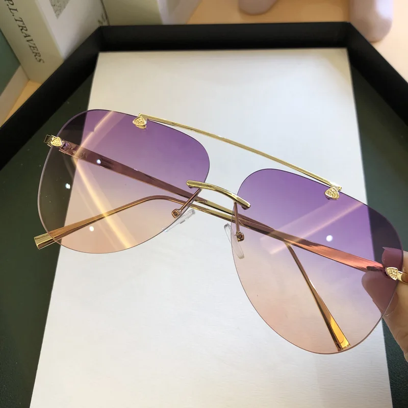 Double Bridge Rimless Fashion Sunglasses For Women Men Punk Rivet Aviator  Ombre Uv400 Sun Shades For Summer Beach Party - Temu Japan
