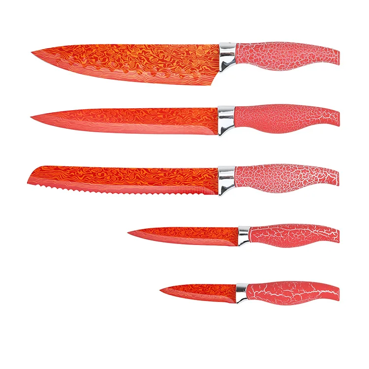 Wholesale Crack Coating Red Damascus Pattern 6pcs Kitchen Knife Set