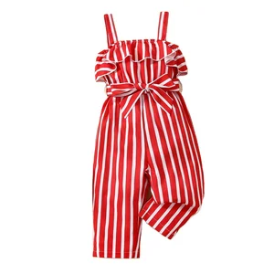 2022 New Summer Sleeveless Suspender Solid Belt Lace Ruffles Bodysuit Fashion Striped Romper Long Pants Girls Casual Jumpsuits