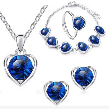 Luxury Brilliant  Zircon Crystal Love Heart Pendant Necklace Bracelet Earrings Ring Jewelry Set 4PCs/Set