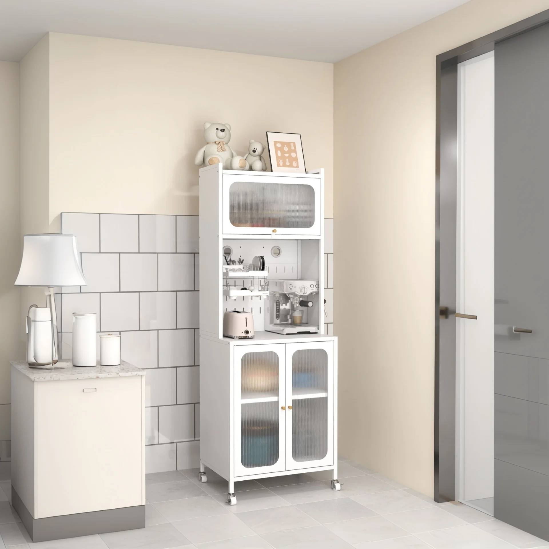 Cabinet de bucătărie metalic cu mai multe straturi, cu uși, montat pe podea, bufet pentru organizarea locuinței