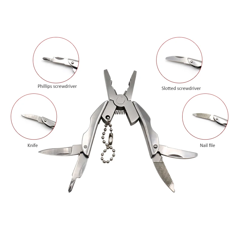 Promotion Stocked Mini EDC Chrome Vanadium Stainless Steel Pocket Knife Multi-Tool Plier Key Ring for Industrial Cutting