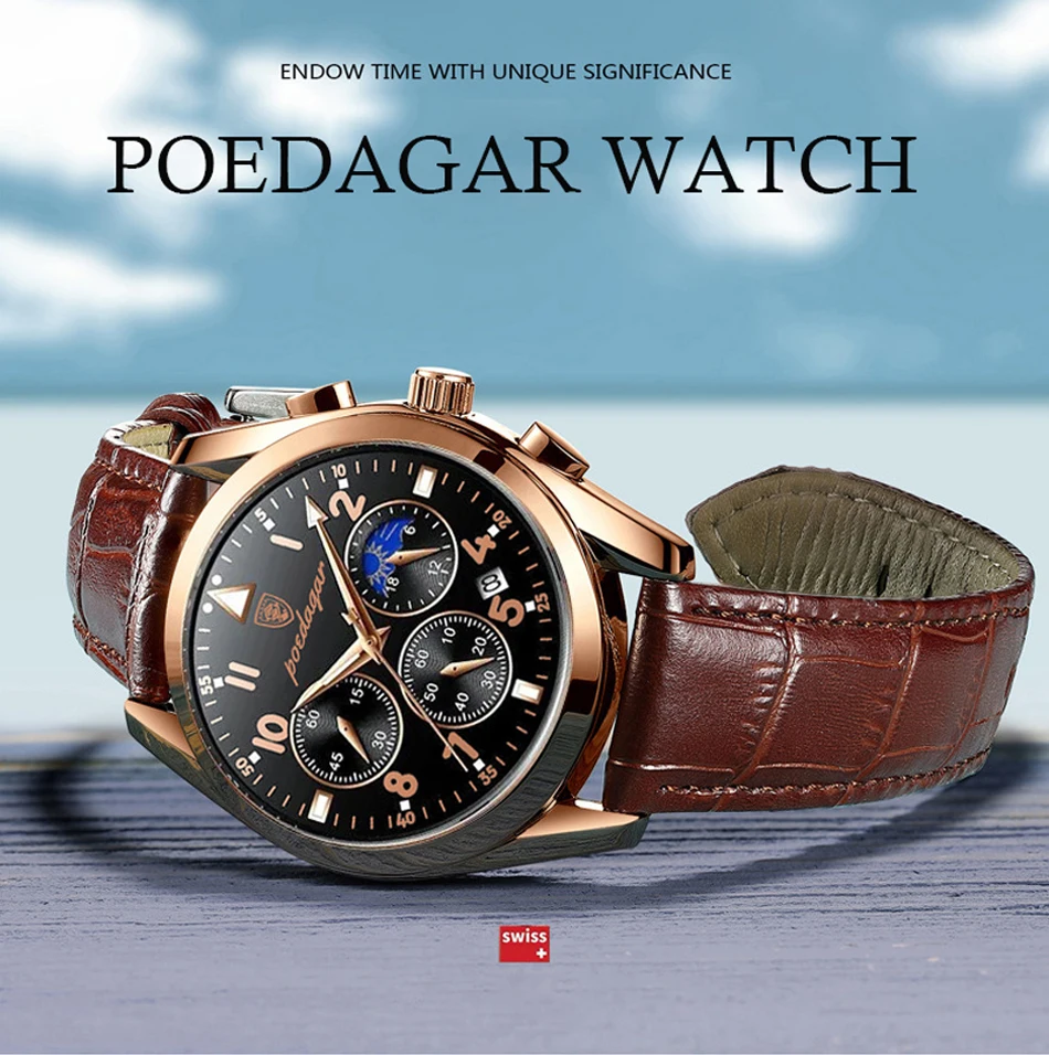 POEDAGAR Men's Luxury Watches - Waterproof Luminous Leather Quartz ...