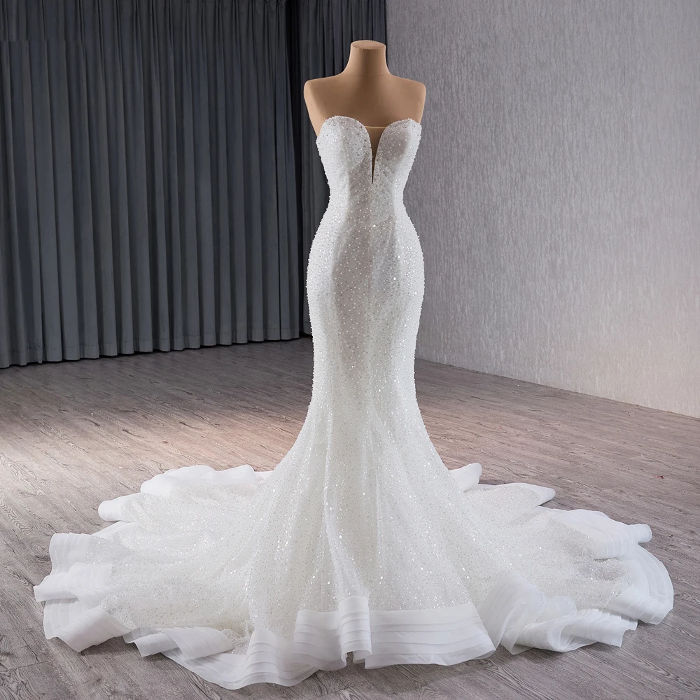 mermaid wedding dress short bride Beaded Cap Sleeve Satin Mermaid Wedding Gown