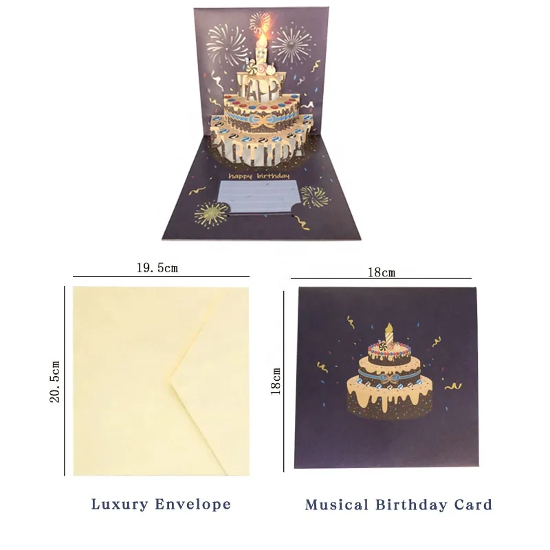 2024 Bulk 3D Pop-up Happy Birthday Greeting Cards Music Blowable Candle for Kids Women Offset Printing Hot Stamping Christmas