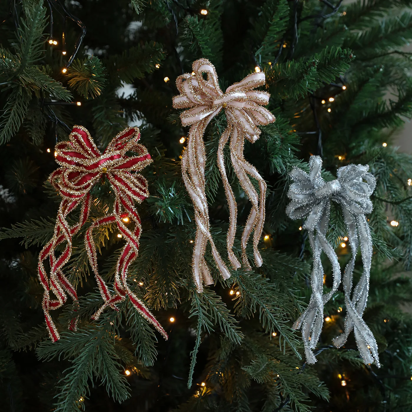 เครื่องประดับโบว์คริสต์มาสแบบกลิตเตอร์ โบว์คริสต์มาสกำมะหยี่สำหรับตกแต่งต้นคริสต์มาส พวงมาลัยประตู โบว์ประดับตกแต่ง