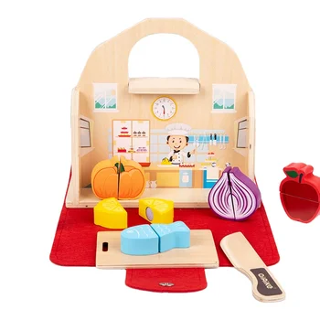 Children's portable kitchen early education educational simulation cut cut music wooden vegetables and fruits over home toys