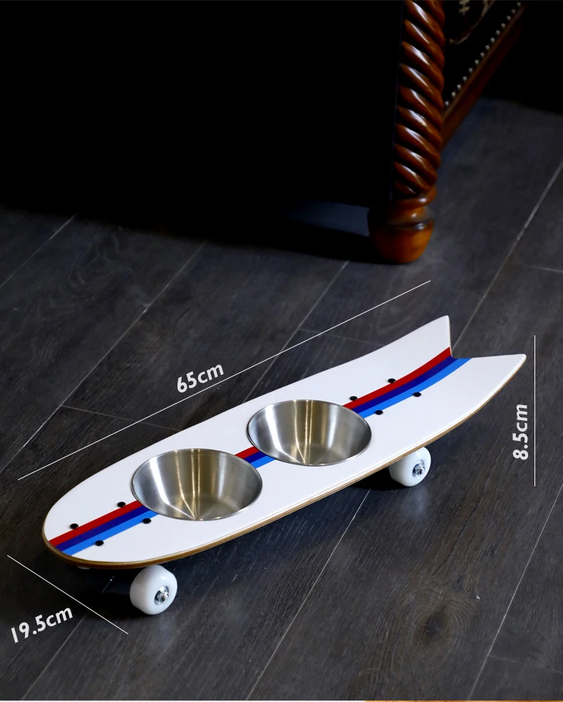 Pet Double Bowl Skateboard-shaped Bowl New Cat and Dog Feeder Stainless Steel Pet Bowl details