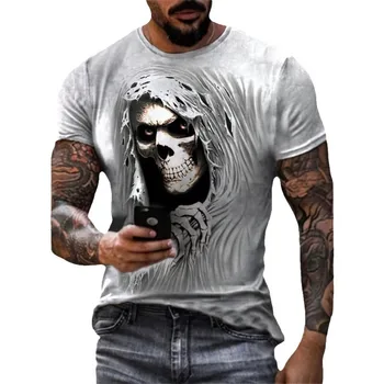 High 100% Cotton O-Neck T-Shirt Summer 3D Printed Skull Casual Personalized Design Quick Dry Knitted Wholesale Men's T-Shirt