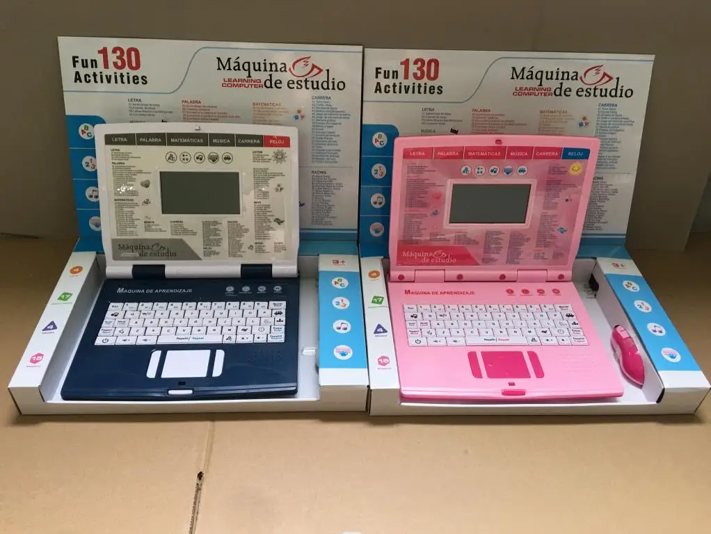 Электрическая обучающая машина, ноутбук, английский, испанский, 130 функций, обучающая игрушка, компьютер с зарядным устройством, мышь для детей