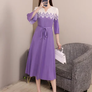 Miyake Women's Spring and Autumn Gradient Diamond V-Neck Waist Dress Elegant Casual Pleated Dress