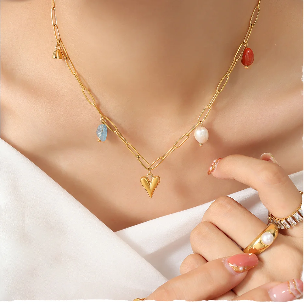 Gold Plated Stainless Freshwater Pearl Stainless Steel 18K Gold-plated Heart-shaped  Fashionable Pendant Necklace for Women