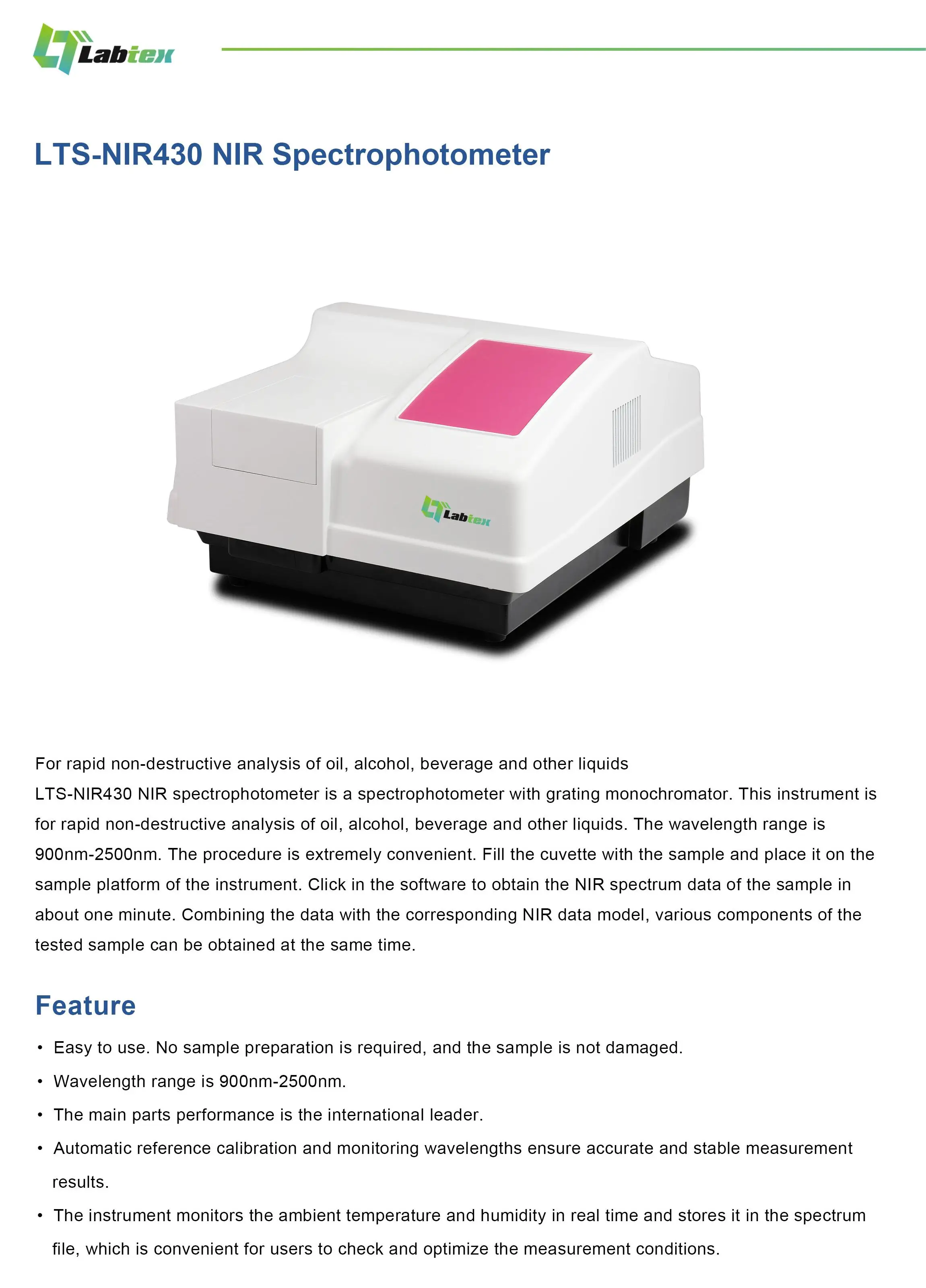 Labtex Nir Spectrophotometer 8nm Pharmaceutical Grating Monochromator