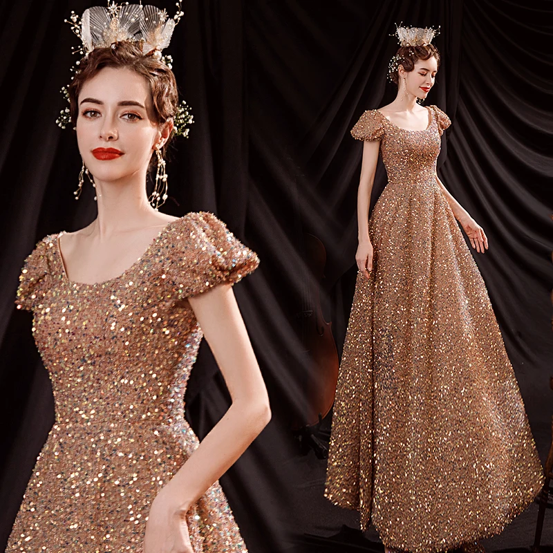 Women's Evening Dress 2022 Gold Prom Dress Bling Mermaid Sequined Ladies  Formal Wear Gowns