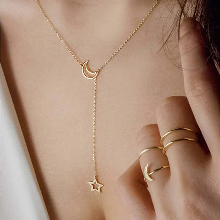 Simple Moon Star Pendant Necklace Chain 