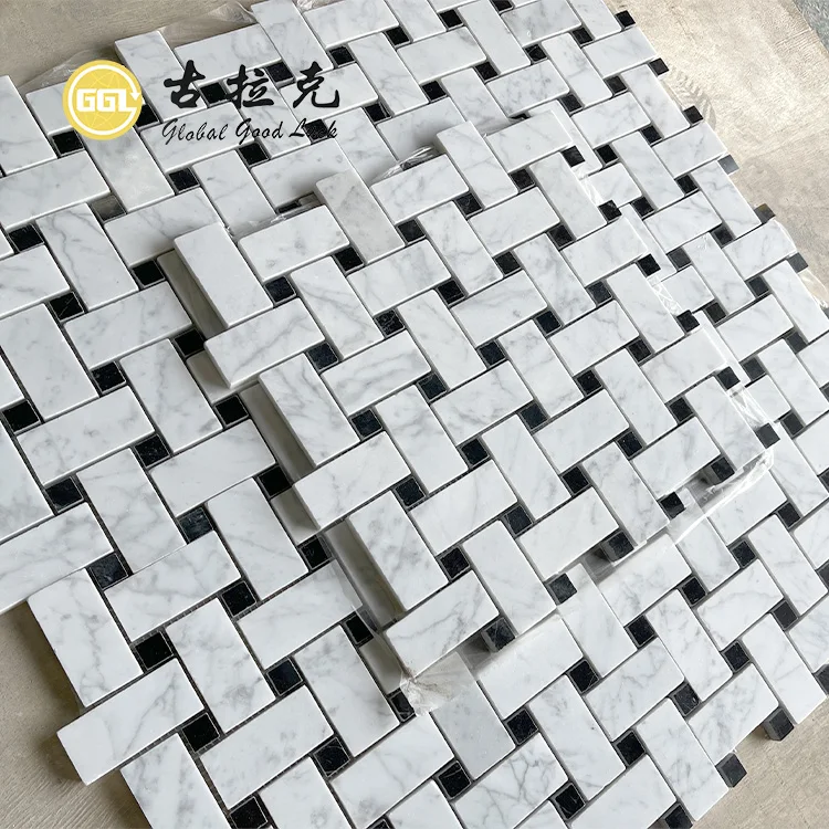 Popular Design White & Black Mosaic Marble Stone Mosaic Tile For Home Decoration factory