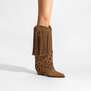 Customizable Women's Suede Fringe Tassel Western Square Toe Knee-High Boots Comfortable Height Increasing Woman Shoes OEM ODM