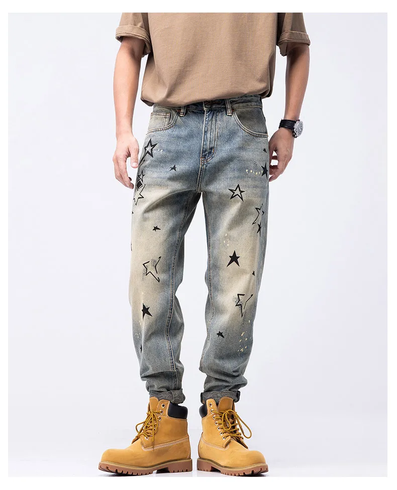 Customize Logo Spring Street Retro Washed Men Denim Jeans Star Print Distressed Straight Leg Jeans