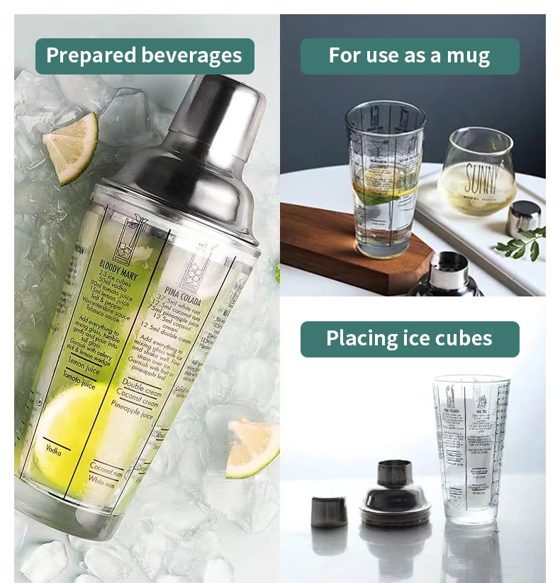 Creation Factory Direct Quality Strainer Cocktail Shaker Set Stainless Steel Shaker with Glass for Bar