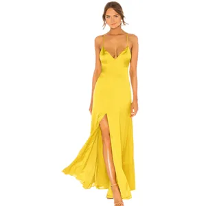 OEM Evening Dress Charming Ladies Sexy Satin Dress v Neck Sleeveless Slit Backless Long Dress