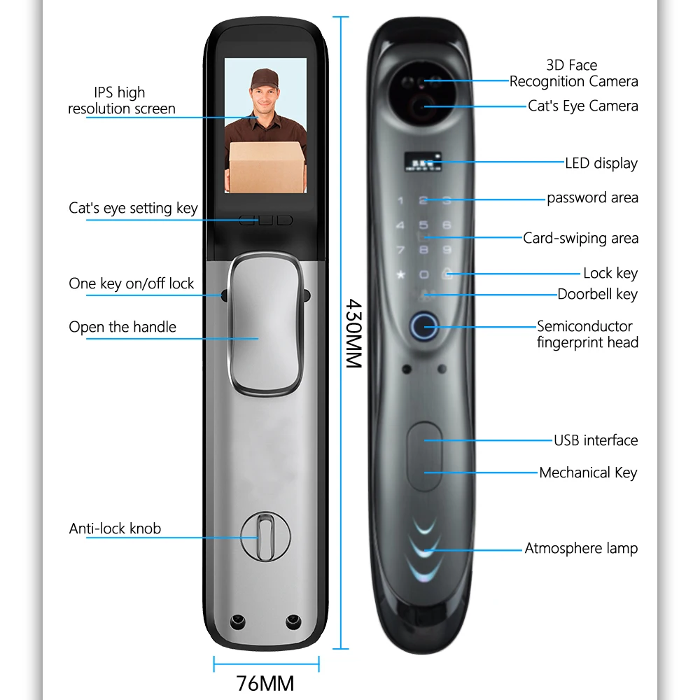 3D Face Recognition Smart Locks for Front Door Large Smart Lock Screen Wifi Tuya Smart Door Lock with Camera and Fingerprint