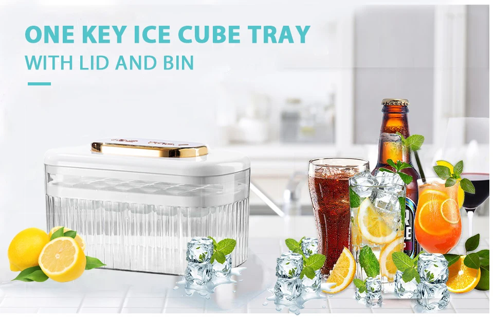 BPA Free One Key Release Ice Cube Silicone Tray with Lid Bin and Scooper  Ice Cube Mold for Freezer with Container Storage