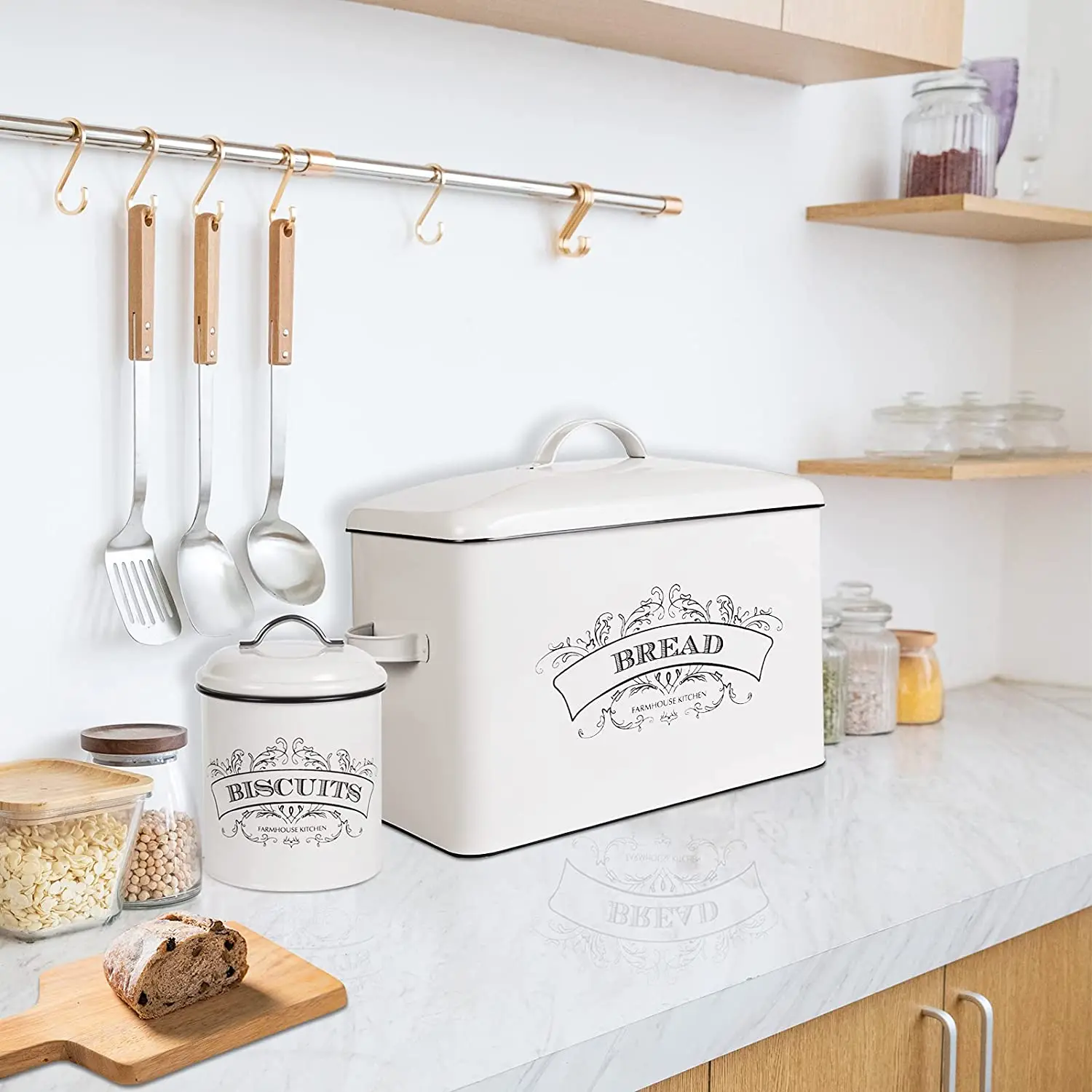 Extra Large Bread Storage Container With Matching Biscuit Tin In White Metal,Bread Boxes For