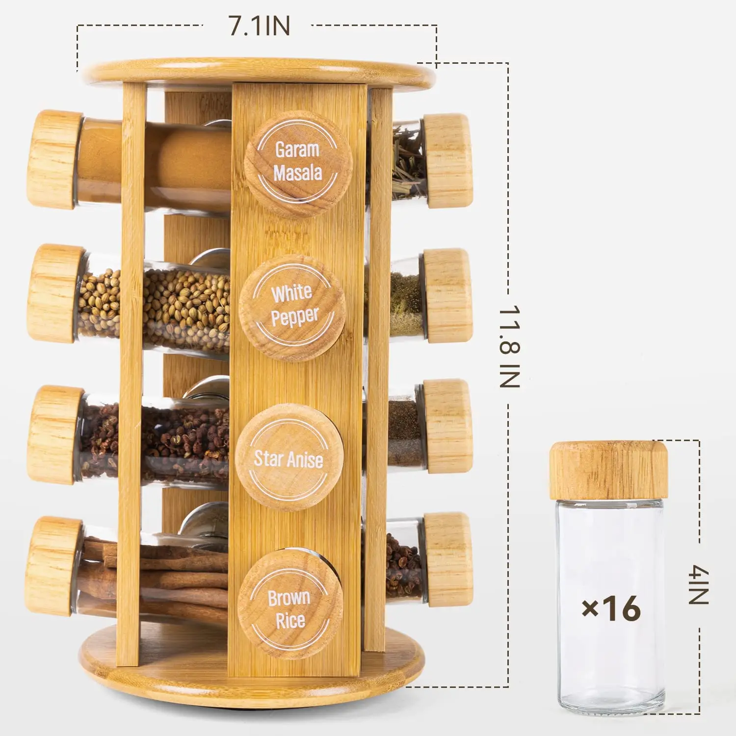 Bamboo Revolving Spice Rack For Kitchen 12bottle Spice Jar Organizer