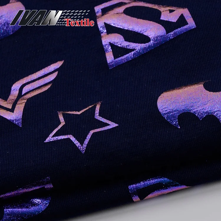 Custom Design Polyester Knitted 26s Poly Spun Silver Foil Printed Sports Jersey Kids Fabric Sportswear