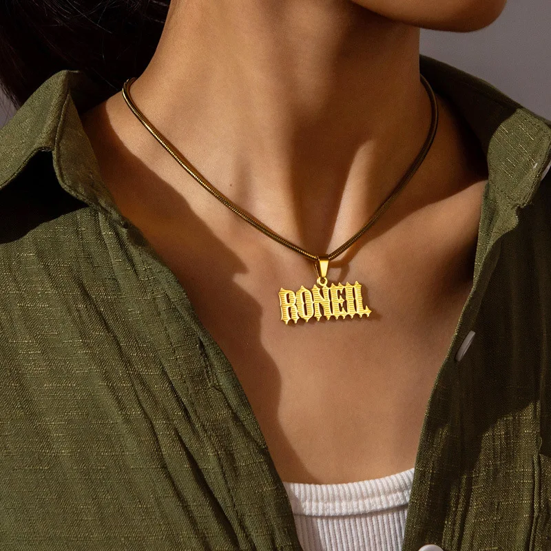 Stainless Steel Gold Plate Custom Name Plate Necklace Personalised for Women Men Thick Popcorn Chain