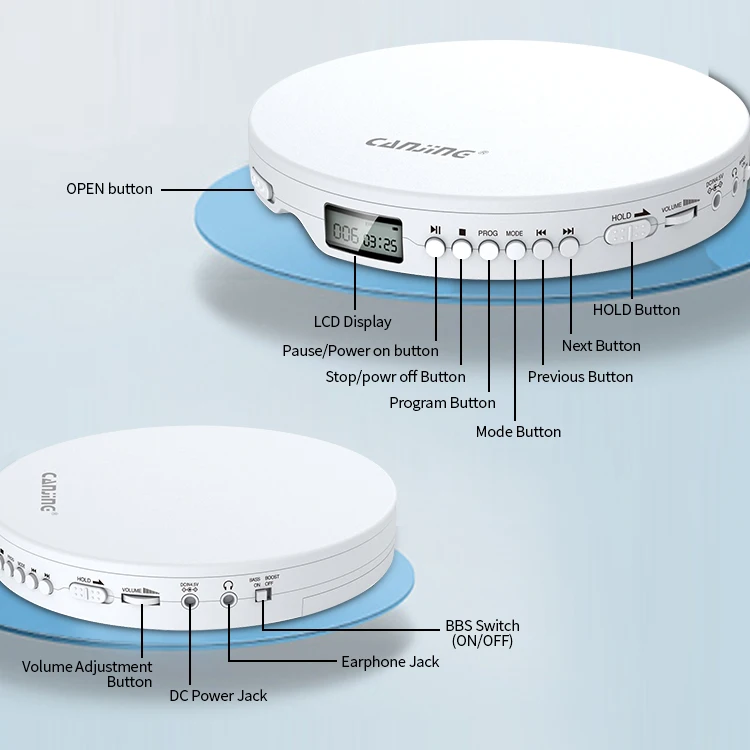 Портативный CD-плеер discman для подключения bluetooth с небольшим экраном и встроенным аккумулятором противоударный