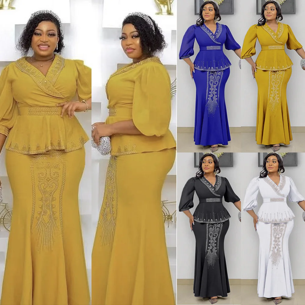 2022 Hot Sale Turkey Plus Size Latest Ladies Elegant Formal Office Wear  Dresses for Turkey Women Coat Long Dress Two Piece Set